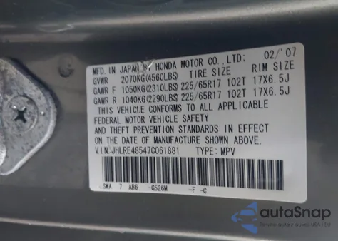 2007 Honda Cr-V Ex z USA, uszkodzony, nr VIN JHLRE48547C061881